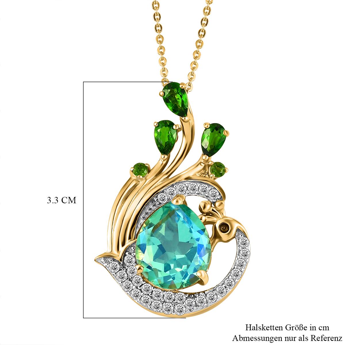 Pfau Triplett Quarz und natürlicher Chromdiopsid-Anhänger mit Kette, 925 Silber vergoldet ca. 5,79 ct