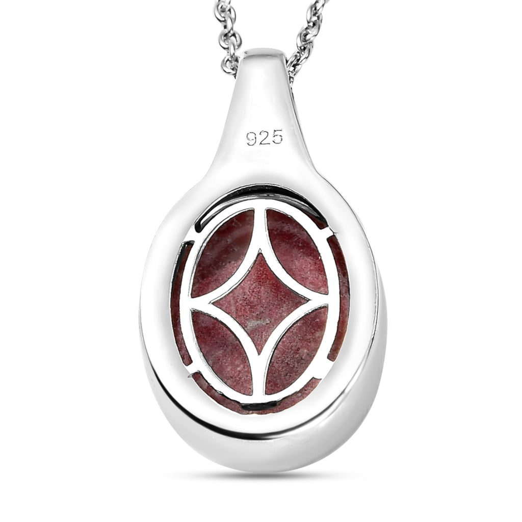 Norwegischer Thulit und weißer Zirkon-Anhänger mit Kette, 925 Silber platiniert ca. 6.97 ct