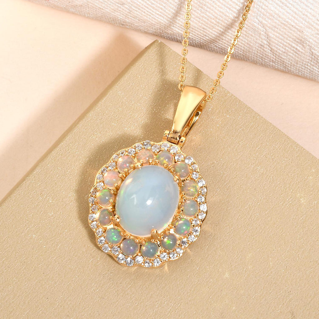 Natürlicher, äthiopischer Welo Opal-Anhänger mit Kette, 925 Silber Gelbgold Vermeil ca. 4.52 ct