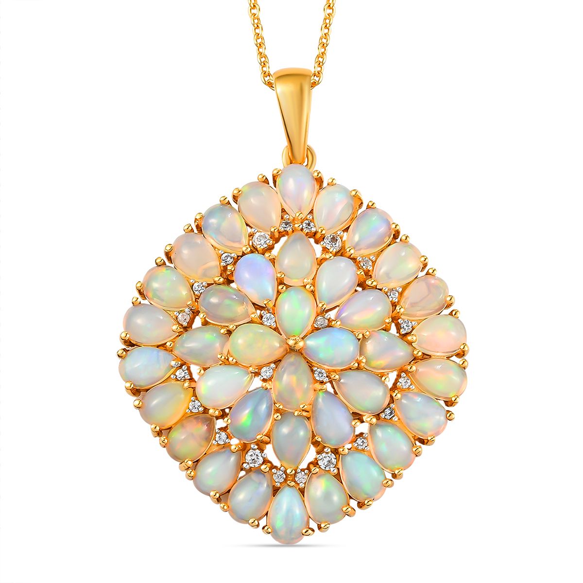 Natürlicher, äthiopischer Welo Opal und weißer Zirkon-Anhänger mit Kette, 925 Silber vergoldet ca. 9.01 ct