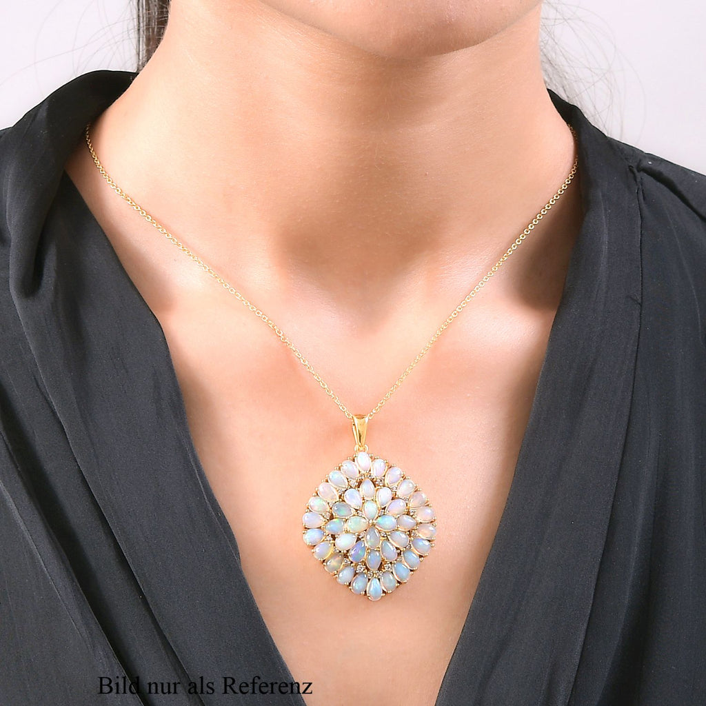 Natürlicher, äthiopischer Welo Opal und weißer Zirkon-Anhänger mit Kette, 925 Silber vergoldet ca. 9.01 ct
