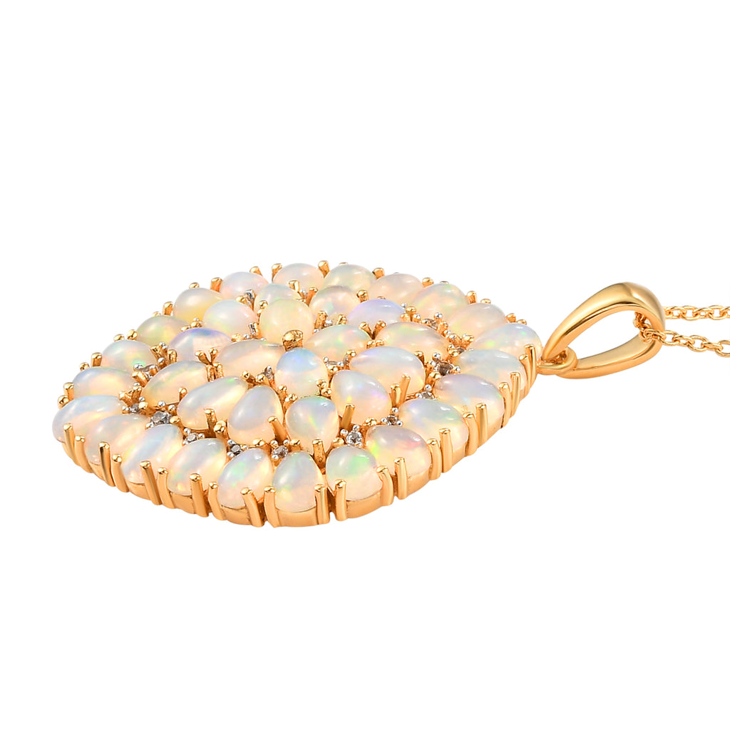 Natürlicher, äthiopischer Welo Opal und weißer Zirkon-Anhänger mit Kette, 925 Silber vergoldet ca. 9.01 ct