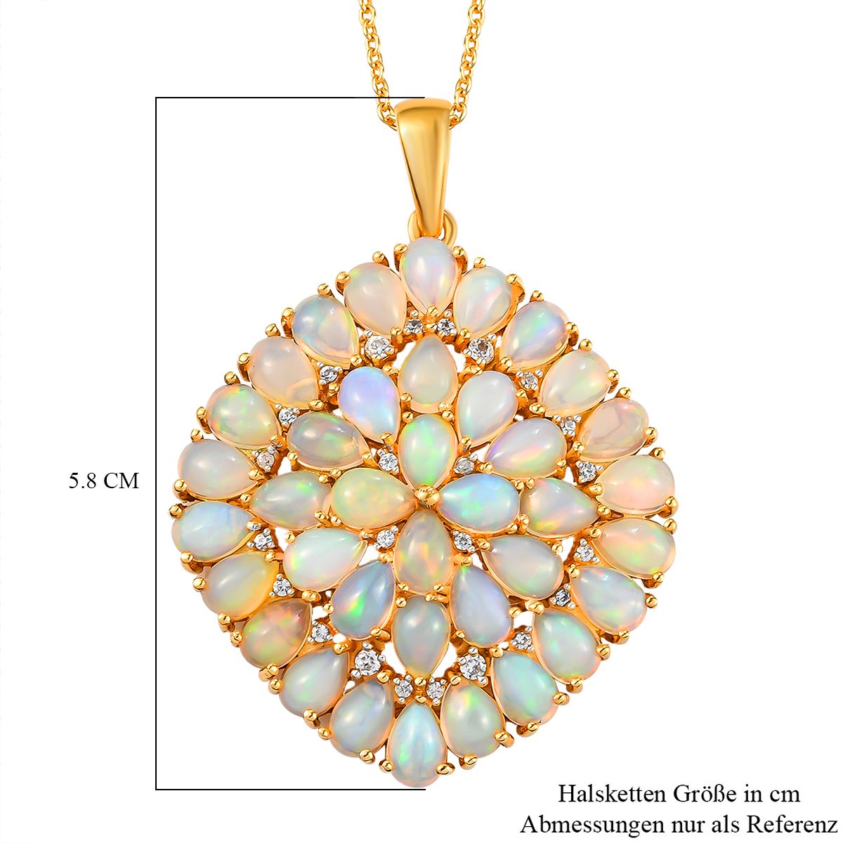 Natürlicher, äthiopischer Welo Opal und weißer Zirkon-Anhänger mit Kette, 925 Silber vergoldet ca. 9.01 ct