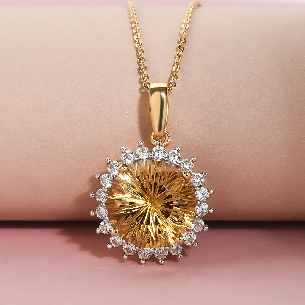 Hanabi Schliff - Citrin und weißer Zirkon-Anhänger mit Kette, 925 Silber Gelbgold Vermeil ca. 7,72 ct