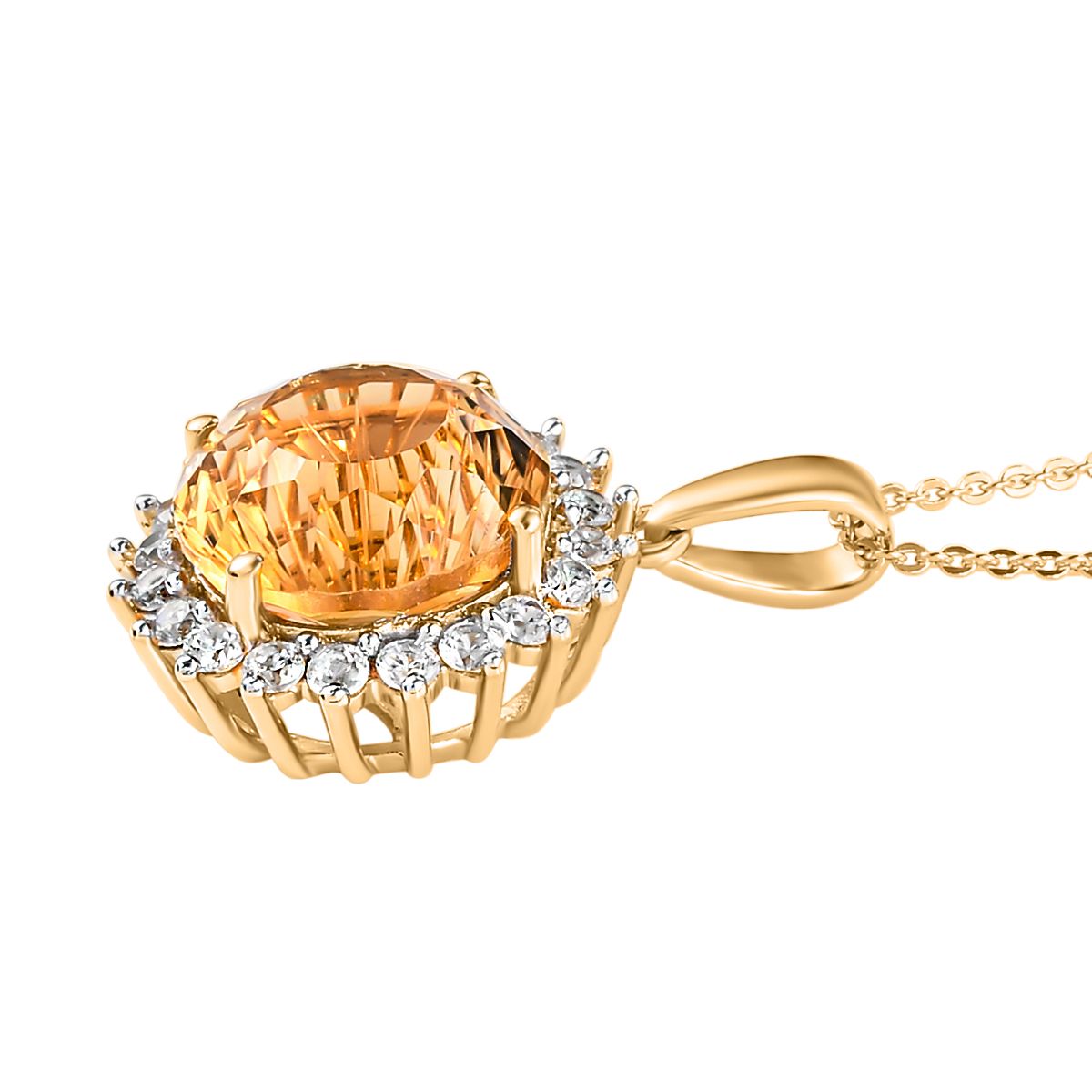 Hanabi Schliff - Citrin und weißer Zirkon-Anhänger mit Kette, 925 Silber Gelbgold Vermeil ca. 7,72 ct