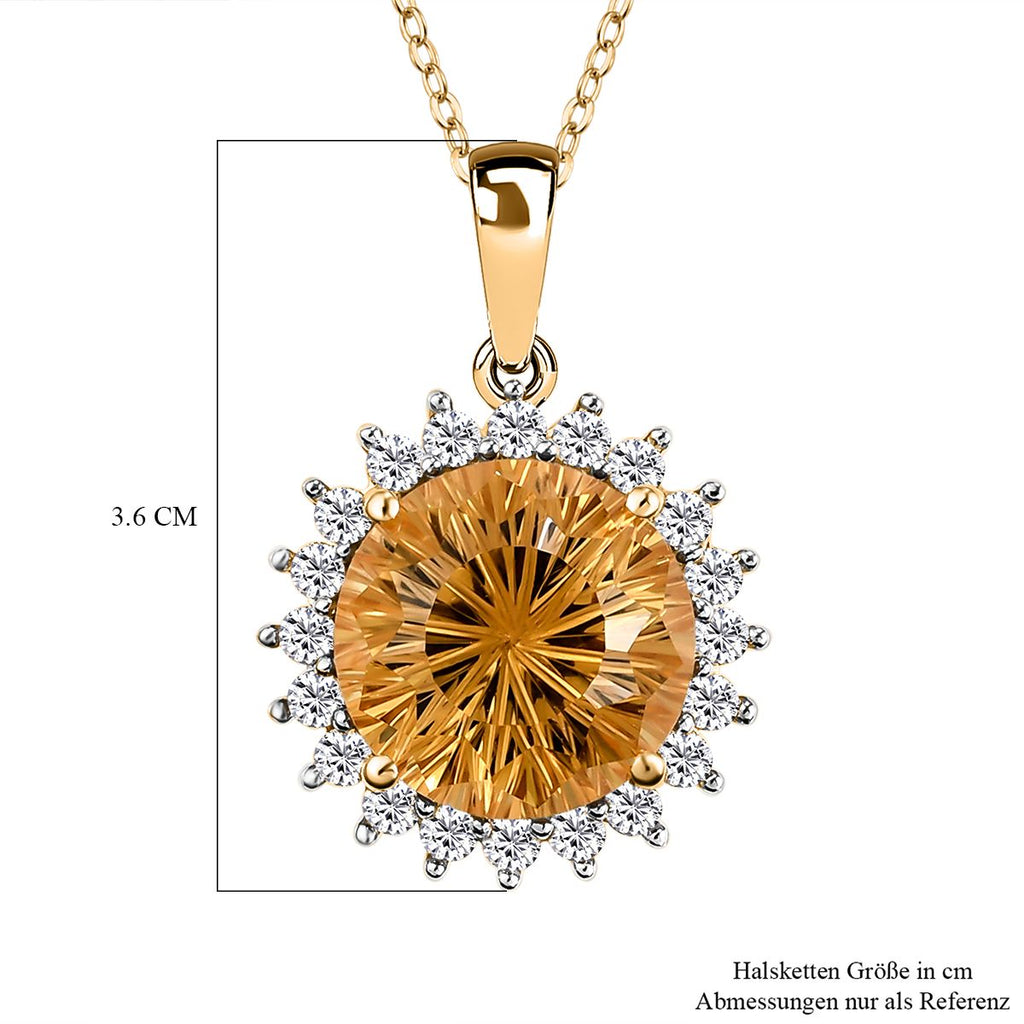 Hanabi Schliff - Citrin und weißer Zirkon-Anhänger mit Kette, 925 Silber Gelbgold Vermeil ca. 7,72 ct