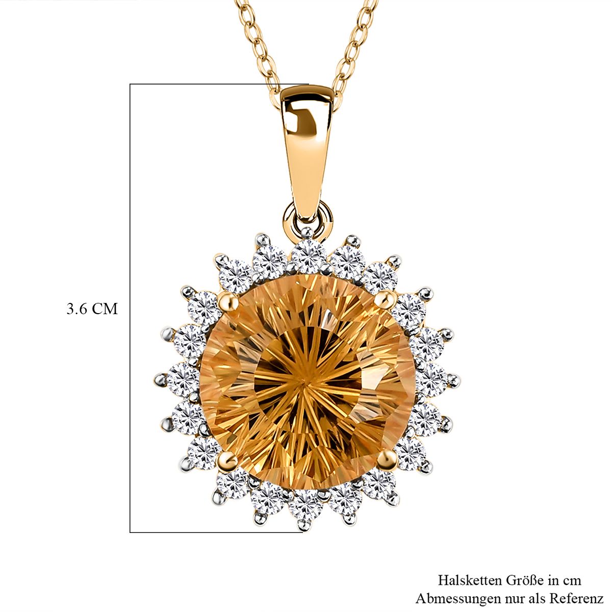 Hanabi Schliff - Citrin und weißer Zirkon-Anhänger mit Kette, 925 Silber Gelbgold Vermeil ca. 7,72 ct
