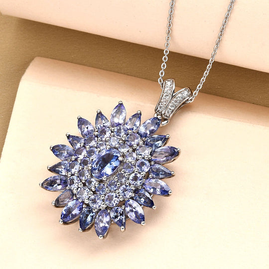 Tansanit-Anhänger mit Kette, 925 Silber platiniert ca. 7.73 ct