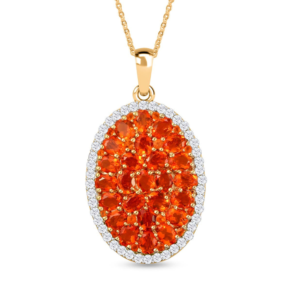 Salamanca Feueropal und weißer Zirkon-Anhänger mit Kette, 925 Silber Gelbgold Vermeil ca. 3.92 ct