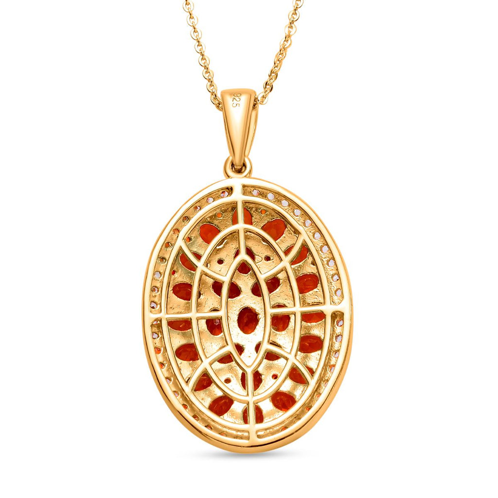 Salamanca Feueropal und weißer Zirkon-Anhänger mit Kette, 925 Silber Gelbgold Vermeil ca. 3.92 ct