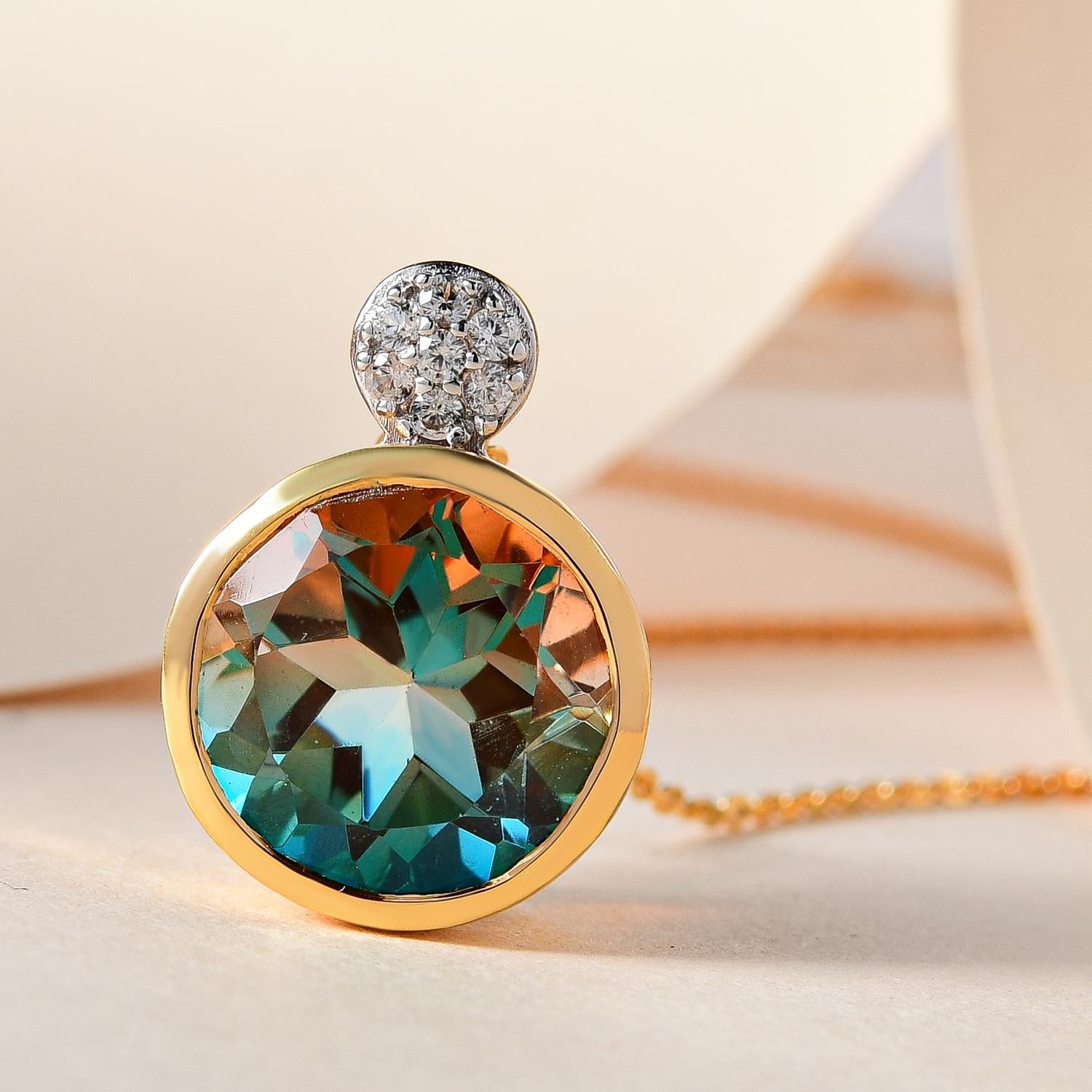 Aqua Terra Costa Quarz Triplett und weißer Zirkon-Anhänger mit Kette, 925 Silber vergoldet ca. 6.79 ct