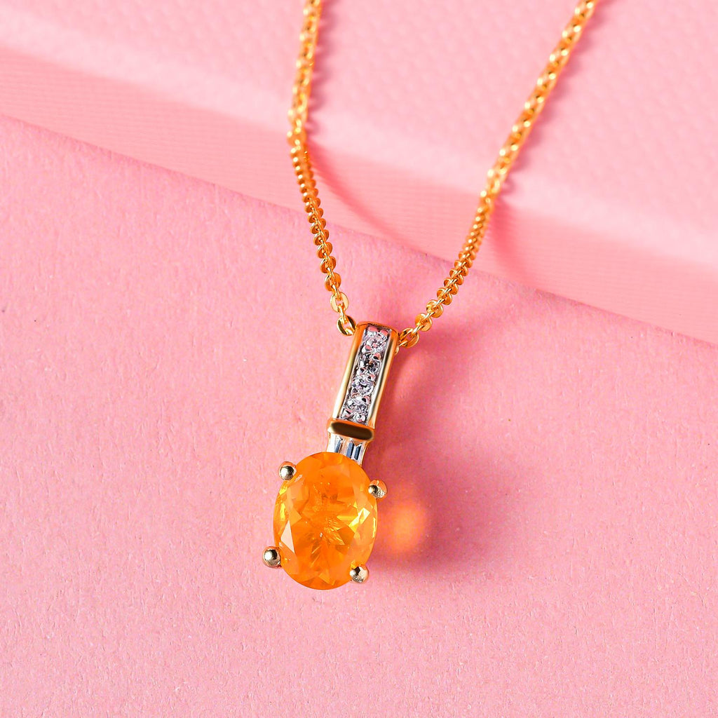 Salamanca Feueropal und weißer Zirkon-Anhänger mit Kette, 925 Silber Gelbgold Vermeil ca. 0,94 ct