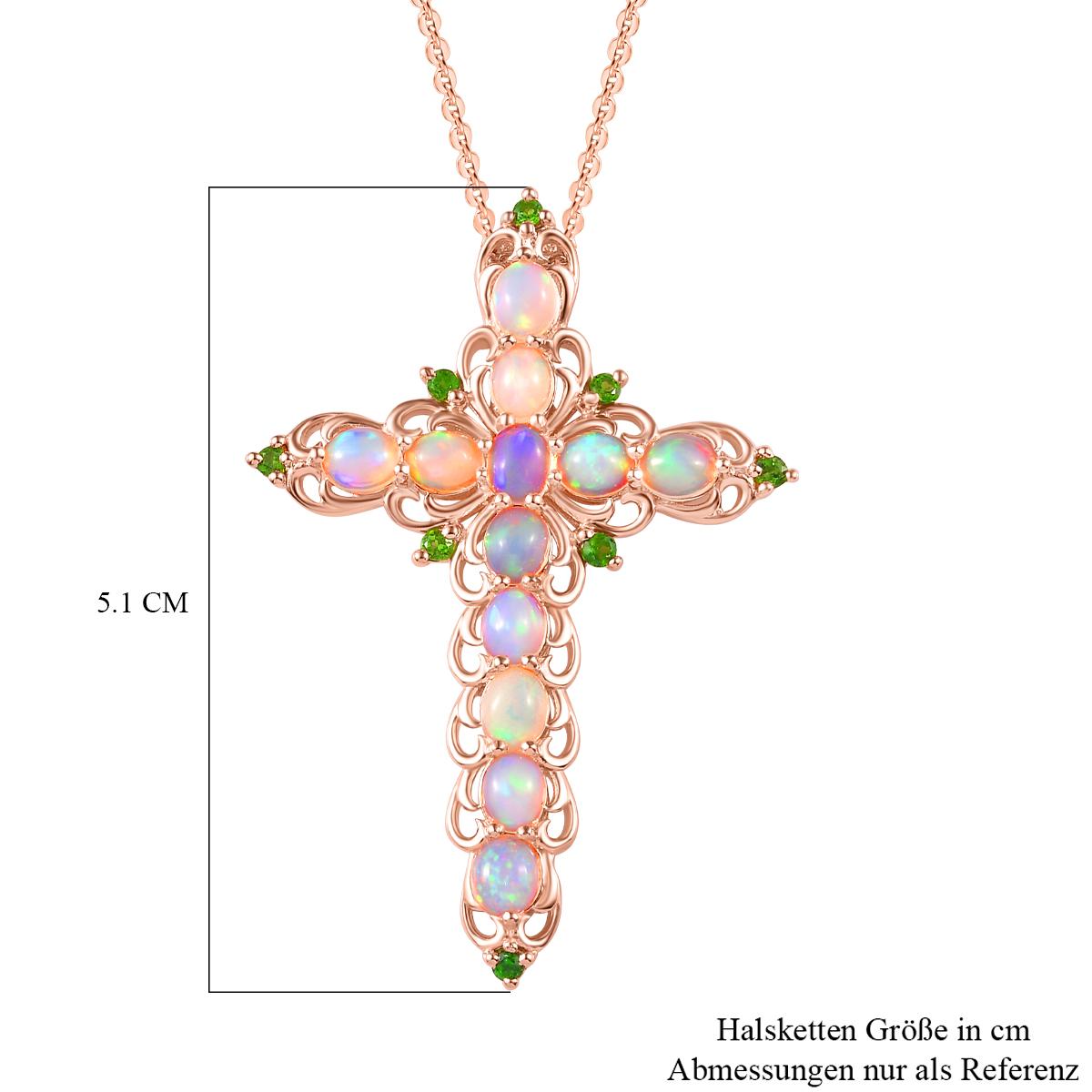 Natürlicher, äthiopischer Welo Opal und natürlicher Chromdiopsid Kreuz-Anhänger mit Kette, 925 Silber Roségold Vermeil ca. 2,96 ct