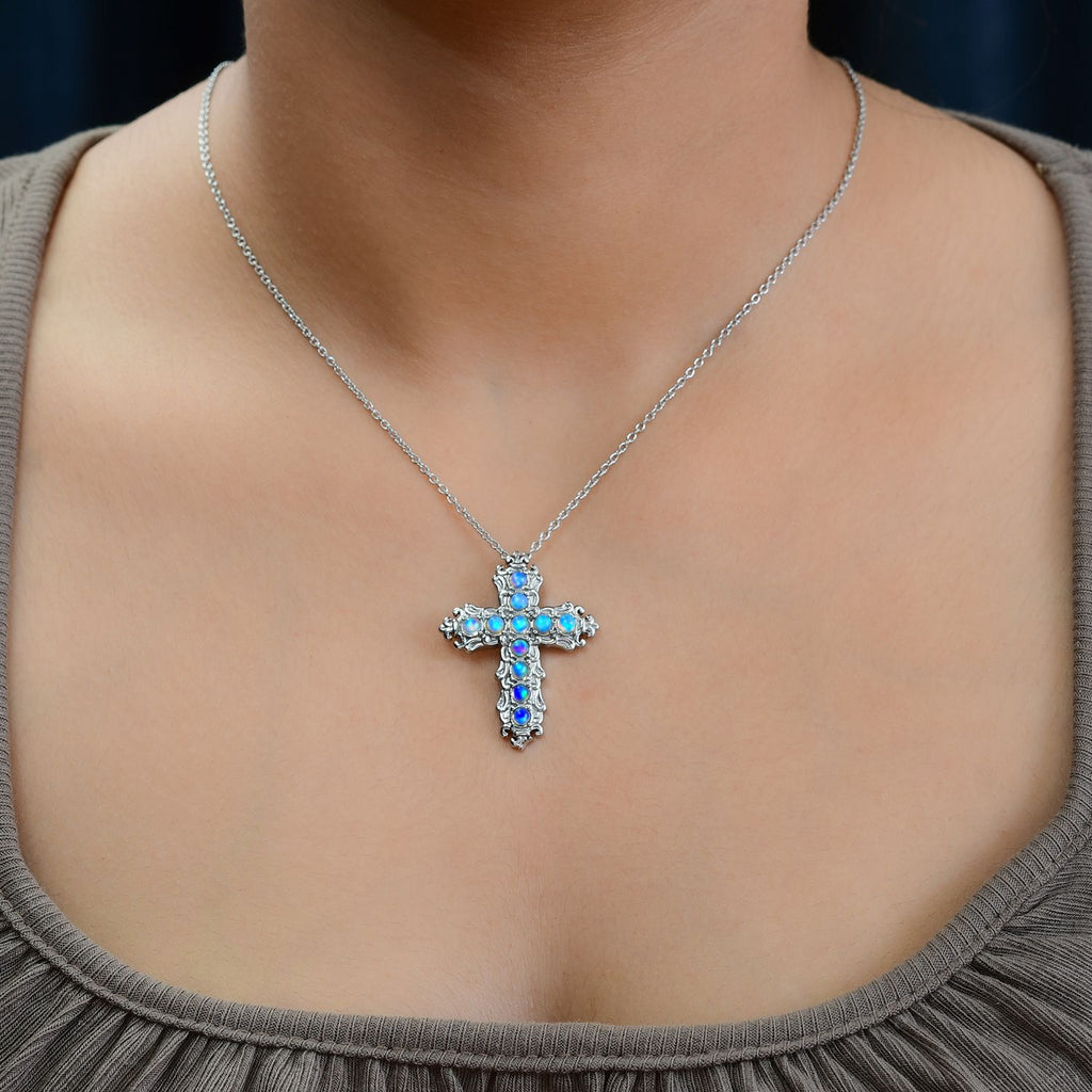Natürlicher, äthiopischer Welo Opal Kreuz-Anhänger mit Kette, Edelstahl ca. 0.89 ct