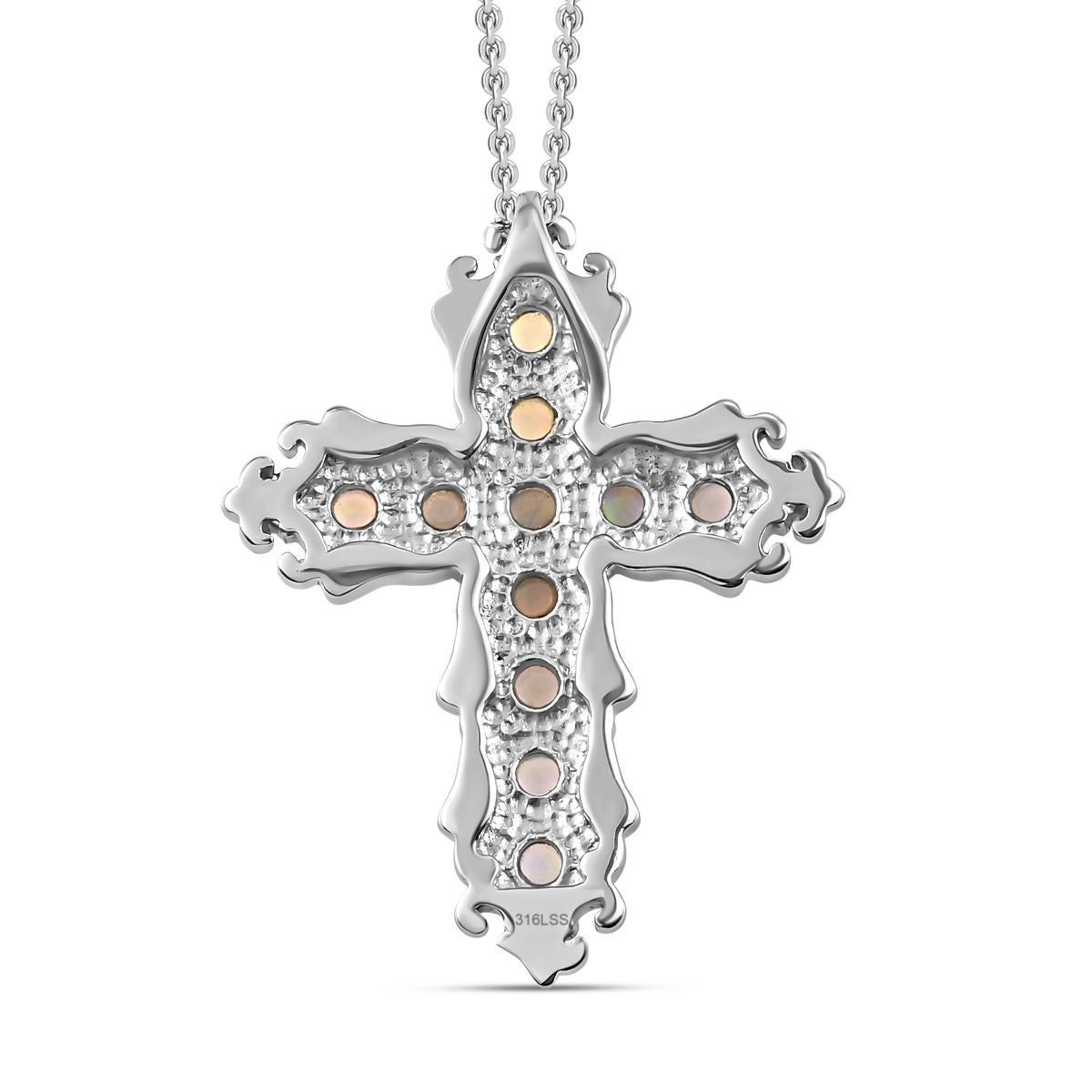 Natürlicher, äthiopischer Welo Opal Kreuz-Anhänger mit Kette, Edelstahl ca. 0.89 ct