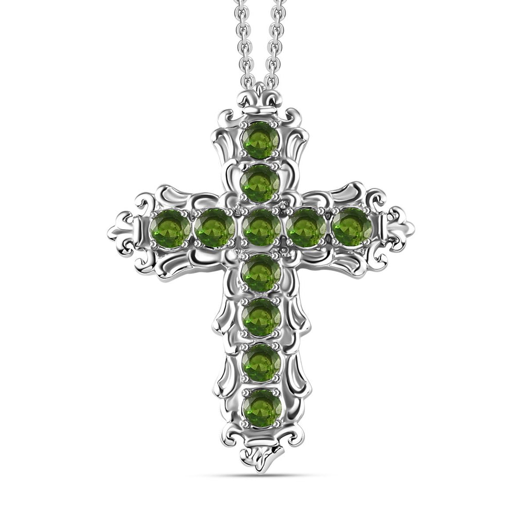 Natürlicher Chromdiopsid Kreuz-Anhänger mit Kette, Edelstahl ca. 1.25 ct