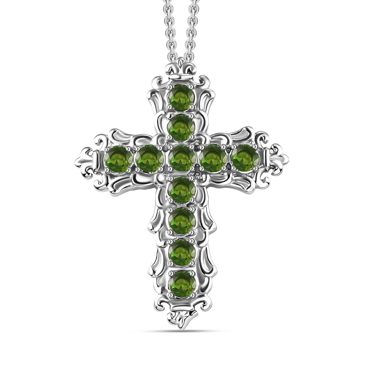 Natürlicher Chromdiopsid Kreuz-Anhänger mit Kette, Edelstahl ca. 1.25 ct