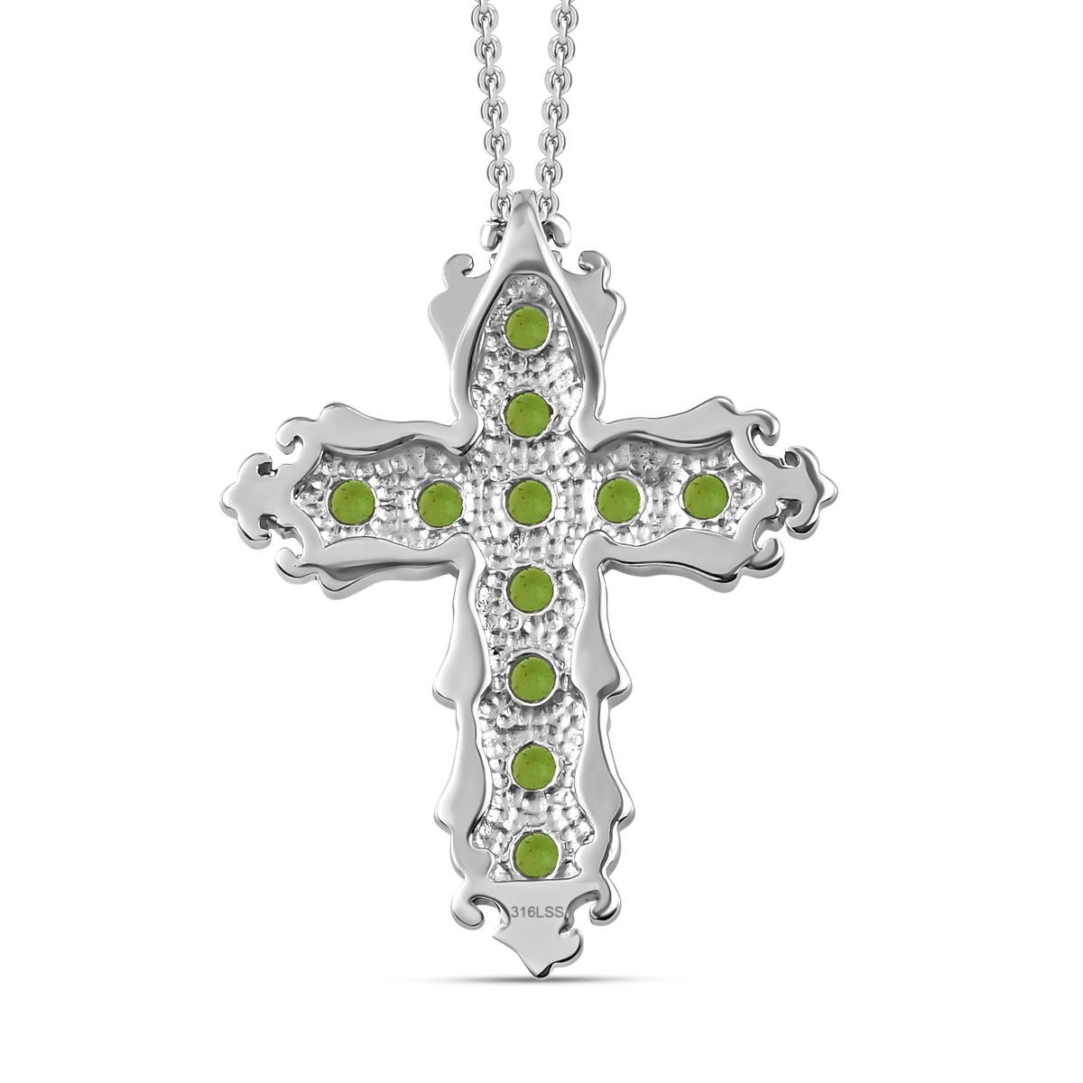 Natürlicher Chromdiopsid Kreuz-Anhänger mit Kette, Edelstahl ca. 1.25 ct