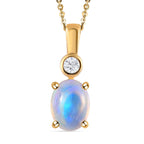 Natürlicher, äthiopischer Welo Opal und weißer Zirkon Anhänger mit Kette, 925 Silber vergoldet ca. 0.94 ct