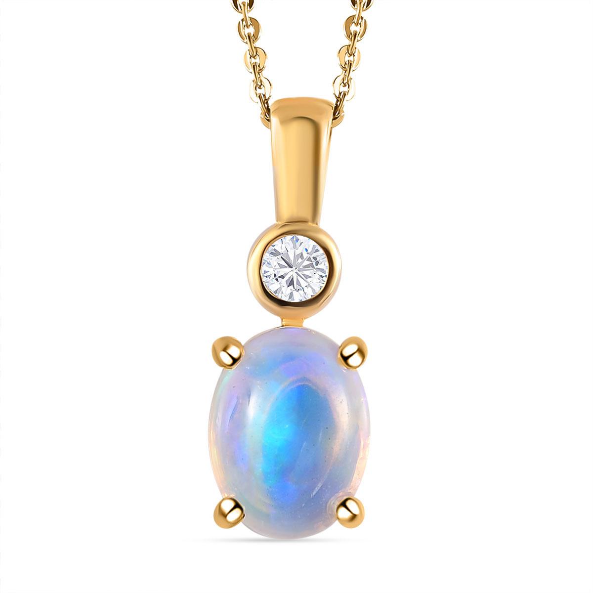 Natürlicher, äthiopischer Welo Opal und weißer Zirkon Anhänger mit Kette, 925 Silber vergoldet ca. 0.94 ct