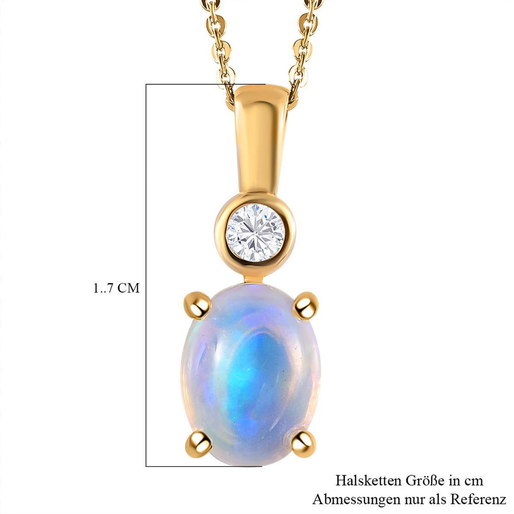 Natürlicher, äthiopischer Welo Opal und weißer Zirkon Anhänger mit Kette, 925 Silber vergoldet ca. 0.94 ct