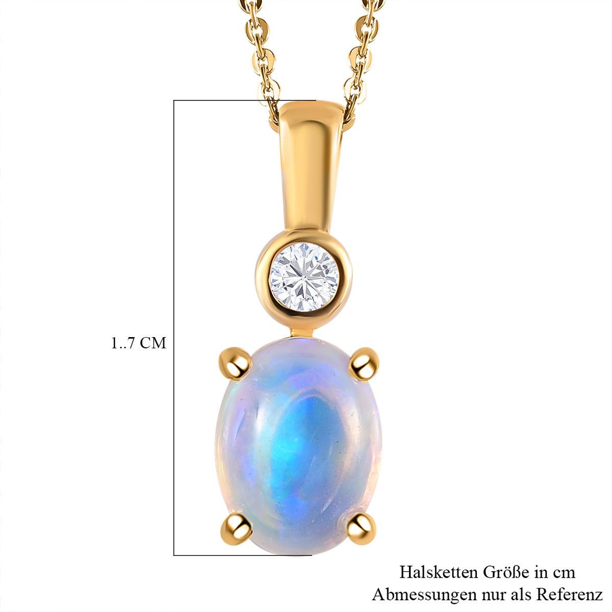 Natürlicher, äthiopischer Welo Opal und weißer Zirkon Anhänger mit Kette, 925 Silber vergoldet ca. 0.94 ct