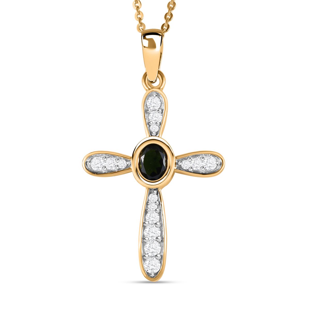 Natürlicher Chrom Turmalin und weißer Zirkon Kreuz-anhänger mit Kette, 925 Silber Gelbgold Vermeil ca. 0.55 ct