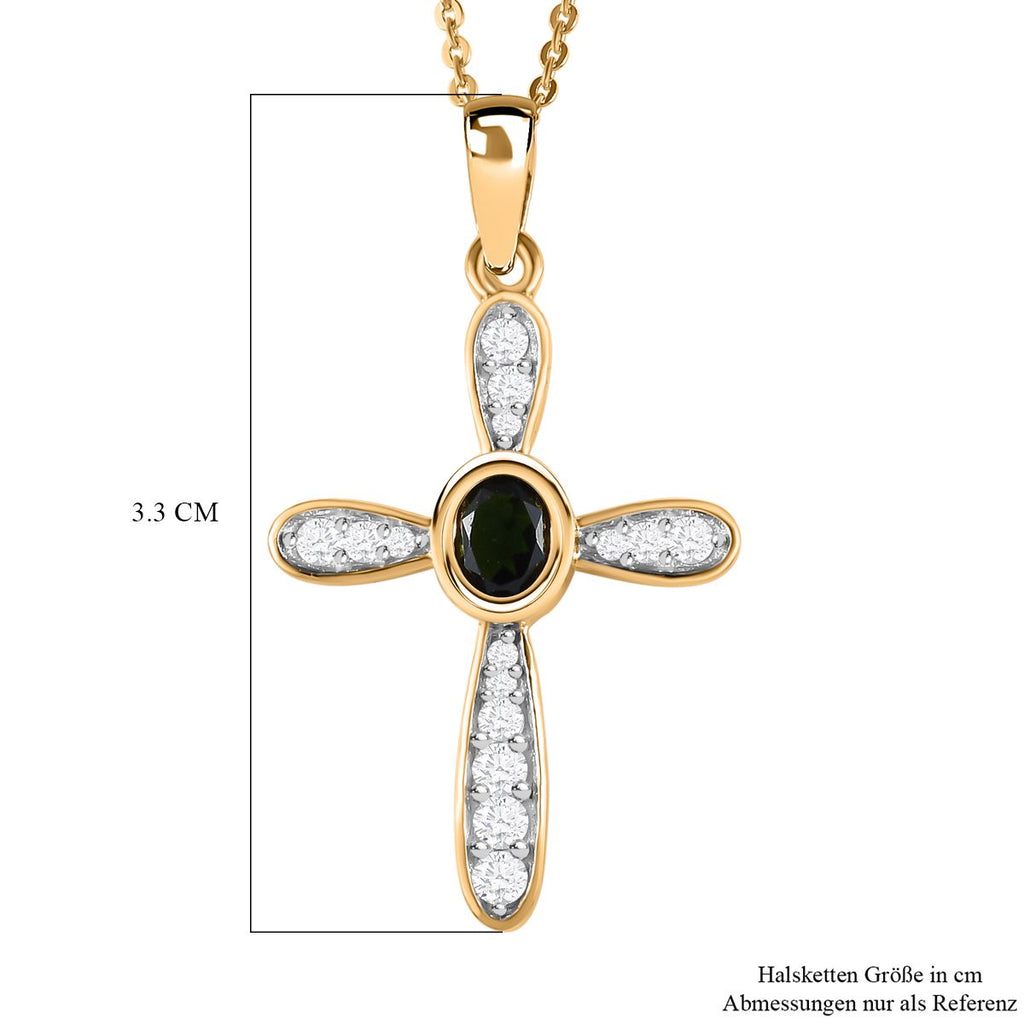 Natürlicher Chrom Turmalin und weißer Zirkon Kreuz-anhänger mit Kette, 925 Silber Gelbgold Vermeil ca. 0.55 ct