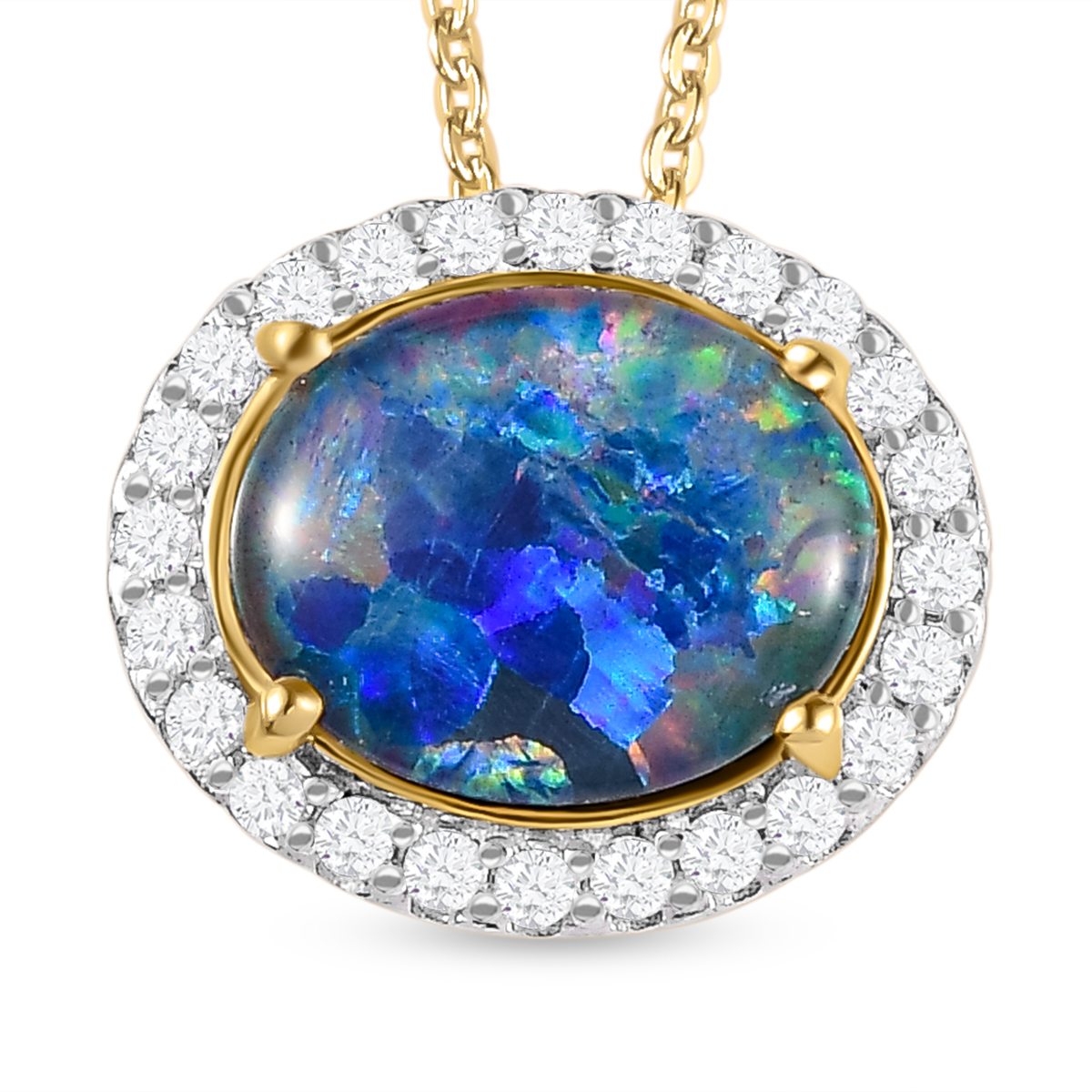 Boulder Opal Triplett und weißer Zirkon Anhänger mit Kette, 925 Silber vergoldet ca. 2.02 ct