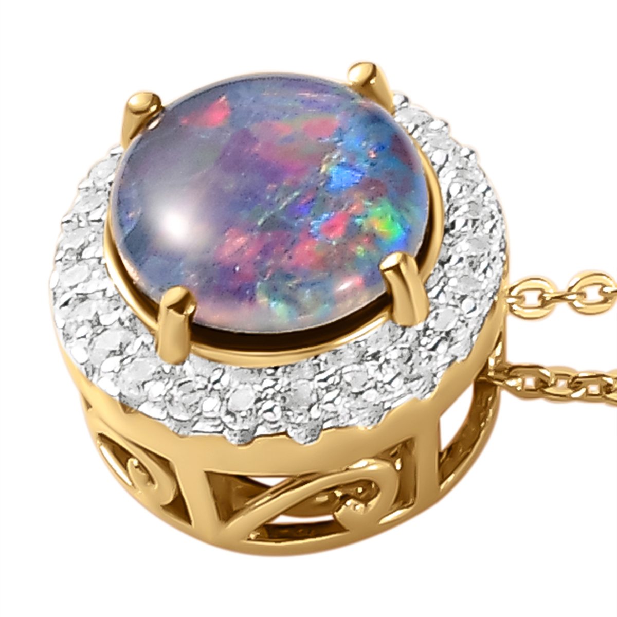 Boulder Opal Triplett und weißer Zirkon Anhänger mit Kette, 925 Silber vergoldet ca. 2.02 ct