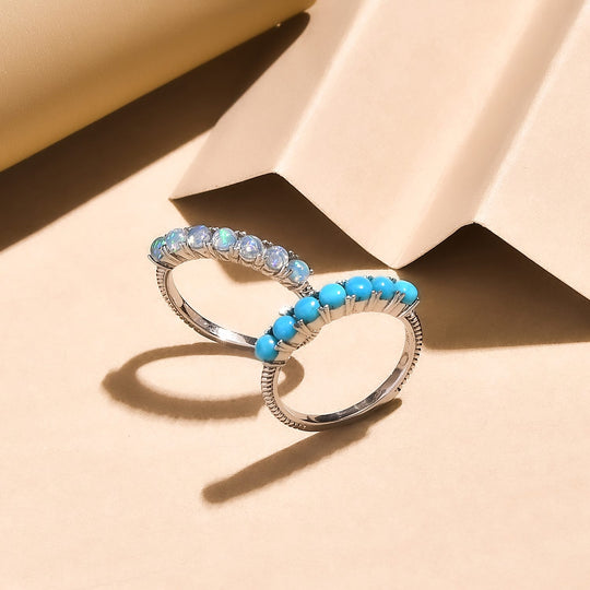 2er Set - Sleeping Beauty Türkis und natürlicher, äthiopischer Opal Ring, Edelstahl, ca. 1,44 ct