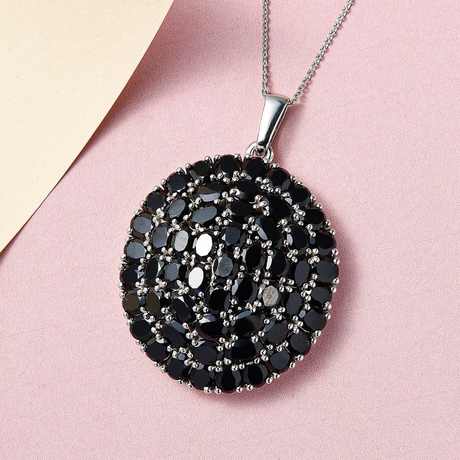 Schwarzer Spinell Anhänger mit Kette, 925 Silber platiniert ca. 28.47 ct