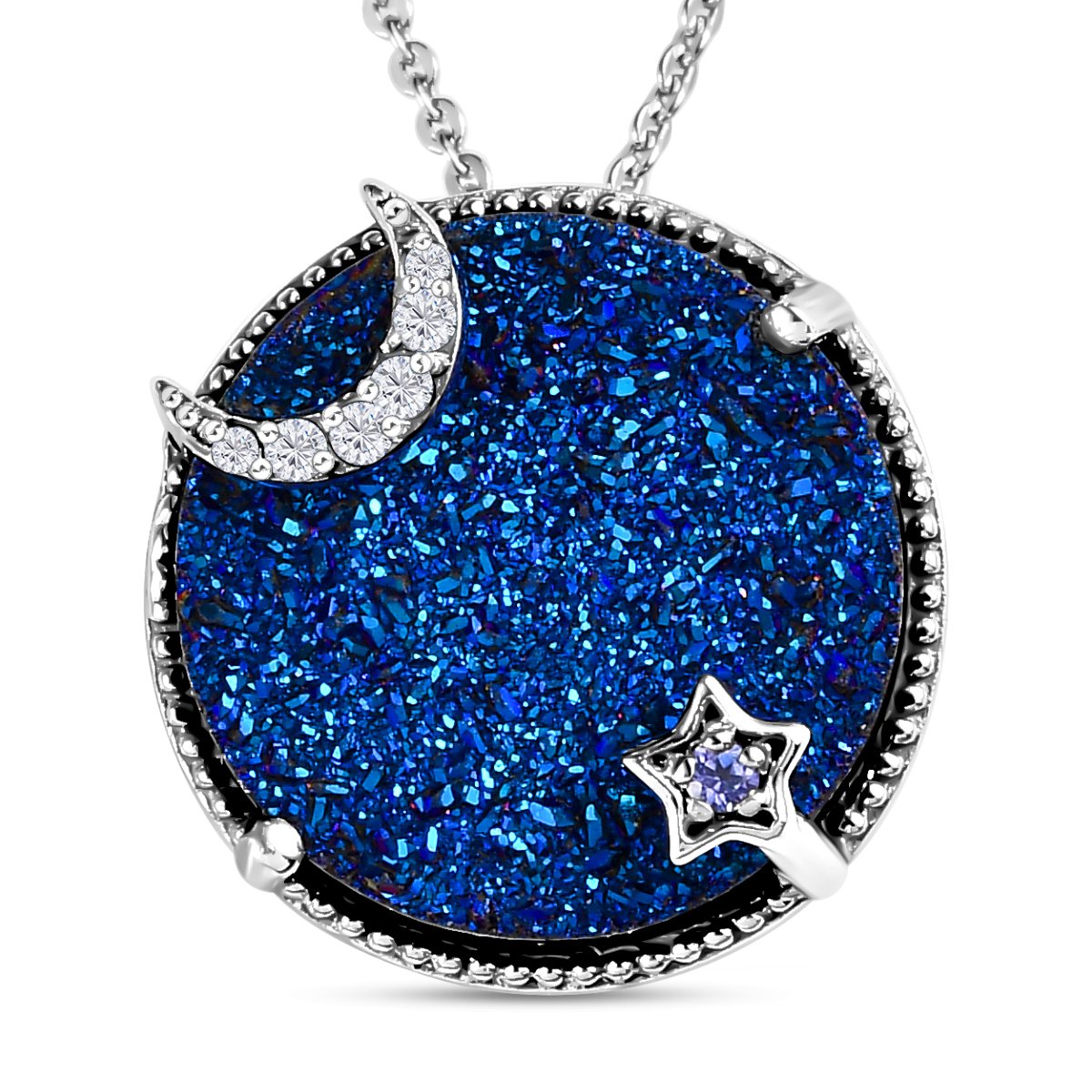GP Celestial Kollektion - Blauer Drusen Quarz und Tansanit Anhänger mit Kette, 925 Silber platiniert ca. 8.85 ct