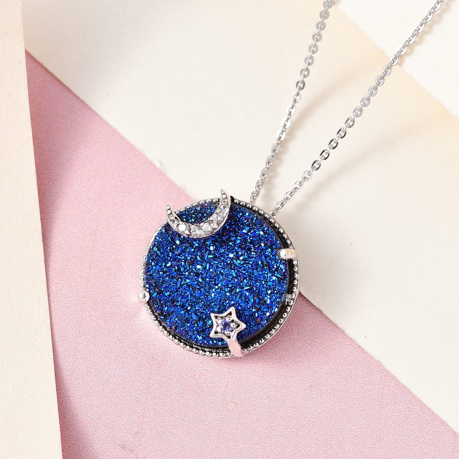 GP Celestial Kollektion - Blauer Drusen Quarz und Tansanit Anhänger mit Kette, 925 Silber platiniert ca. 8.85 ct
