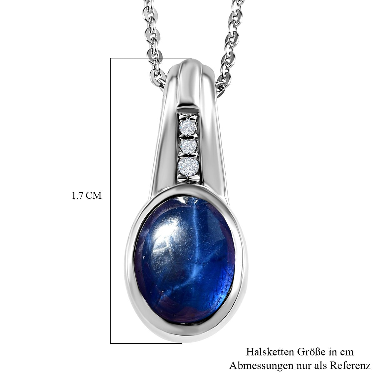 Blauer Stern Saphir (Diffundierter), weißer Zirkon Anhanger mit Kette, 925 Silber platiniert ca. 2.16 ct