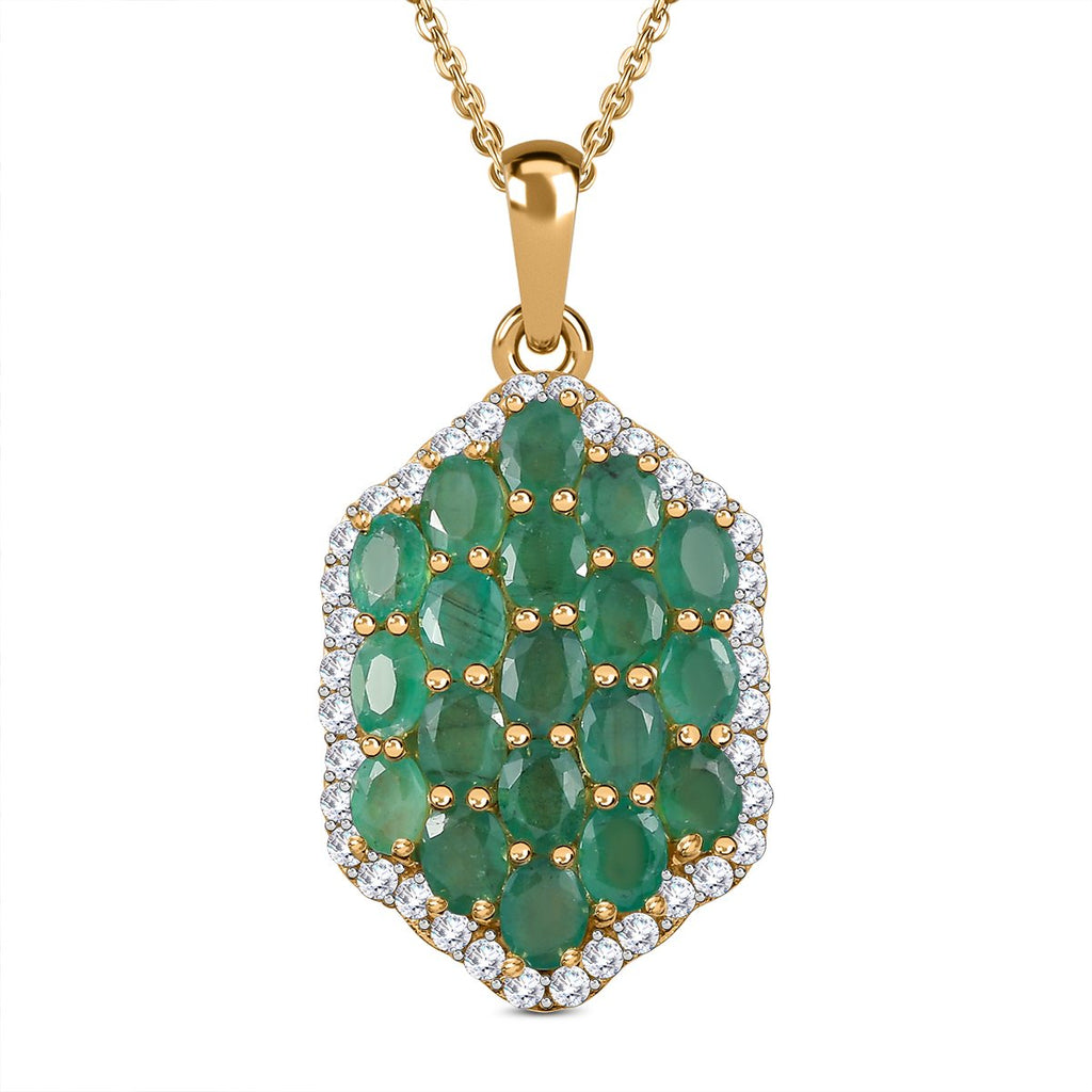Kagem Sambischer Smaragd, weißer Zirkon Anhänger mit Kette, 925 Silber vergoldet ca. 3.24 ct