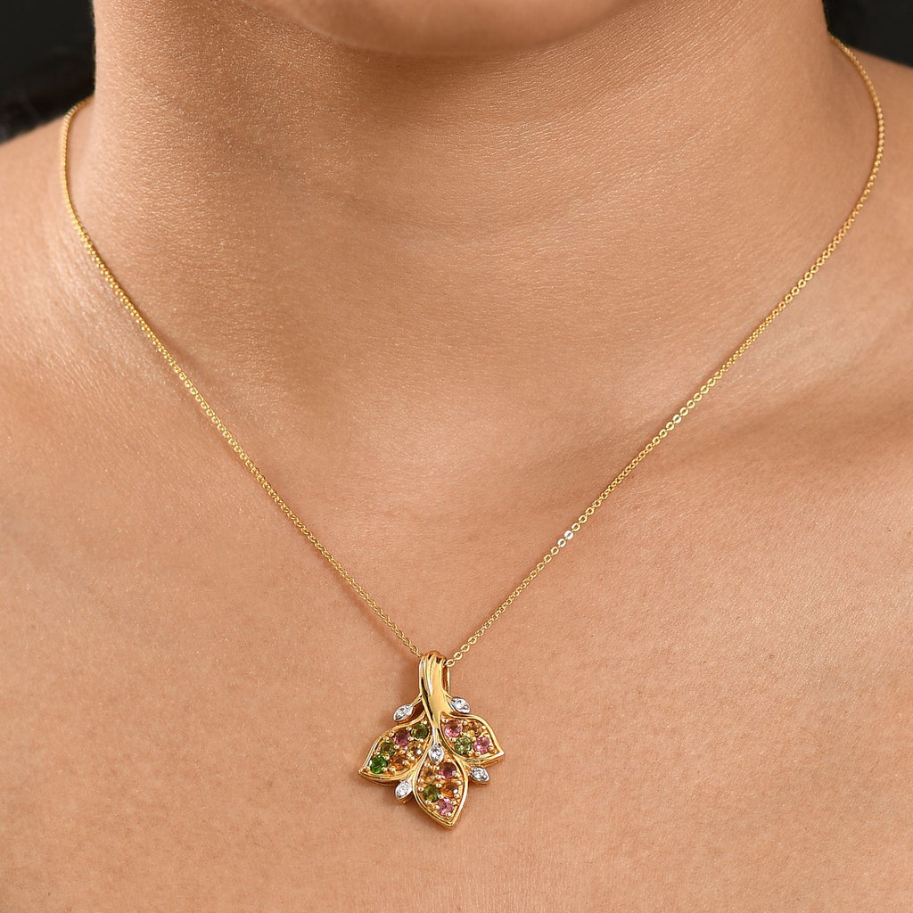 Herbszauber - Mehrfarbiger-Turmalin Anhänger mit Kette, 925 Silber 750 Gelb Vergoldet ca. 1.14 ct