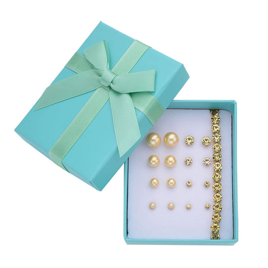 9er-Set - weiße Muschelkernperle Ohrringe und Kristall Ohrringe und Armband, Messing und Edelstahl