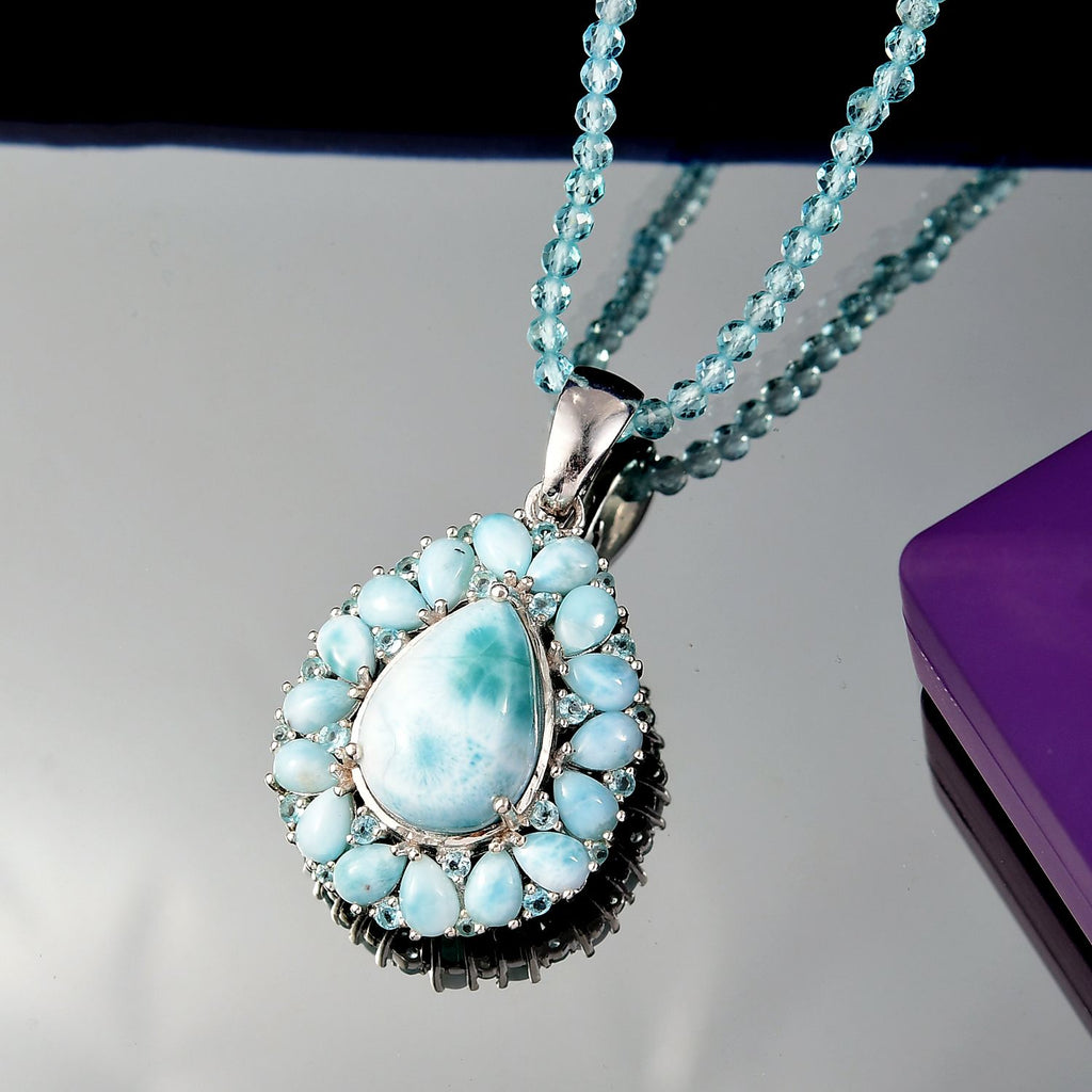 D'joy AA Larimar Anhänger mit Apatit Halskette ca. 50 cm, 925 Silber rhodiniert ca. 50.32 ct