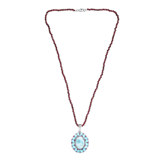 D joy AA Larimar Anhänger mit Rhodolith Granat Halskette, 925 Silber rhodiniert ca. 59.74 ct