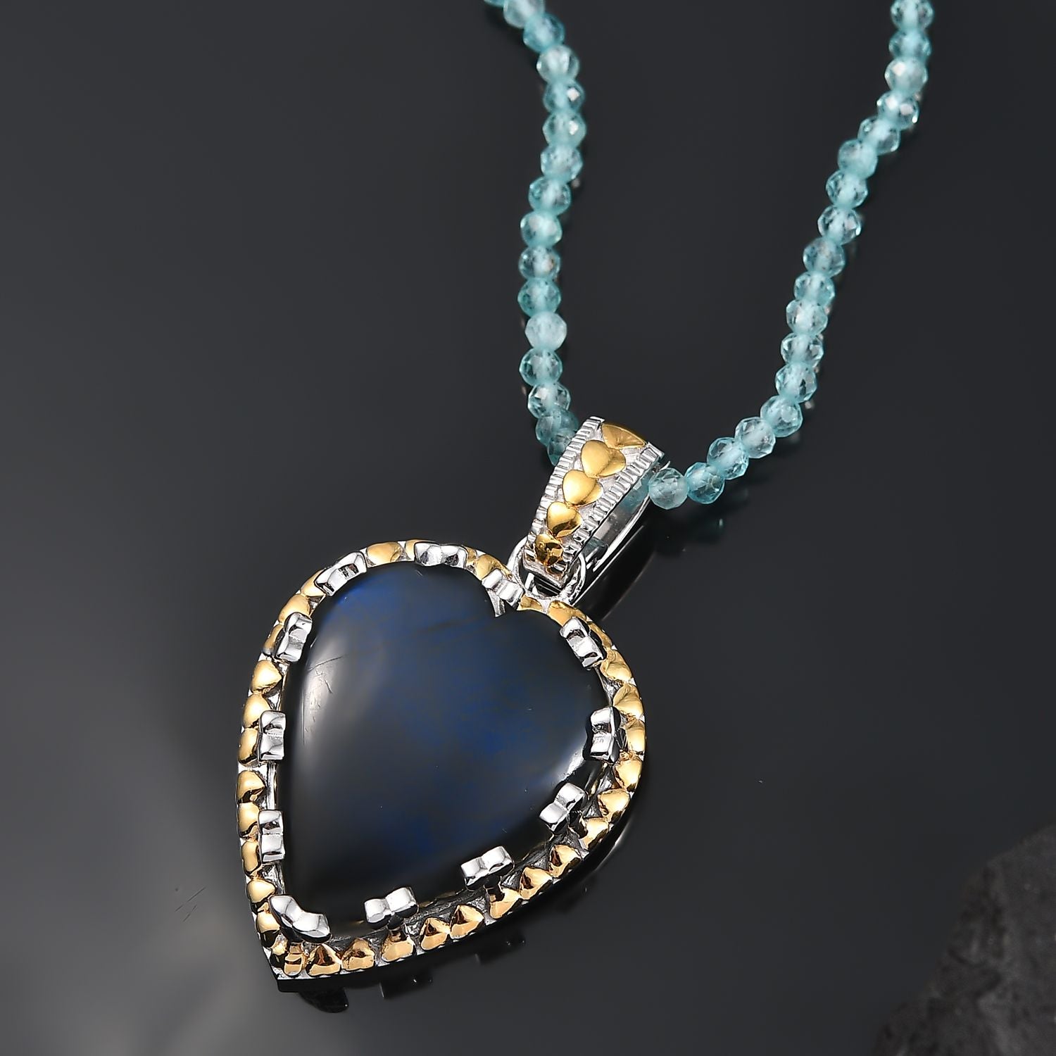 AAA Herz Labradorit (30x25mm), Apatit Anhänger mit Kette ca. 45 cm, 925 Silber Rhodiniert und 750 Gelbgold Vermeil ca. 85.00 ct