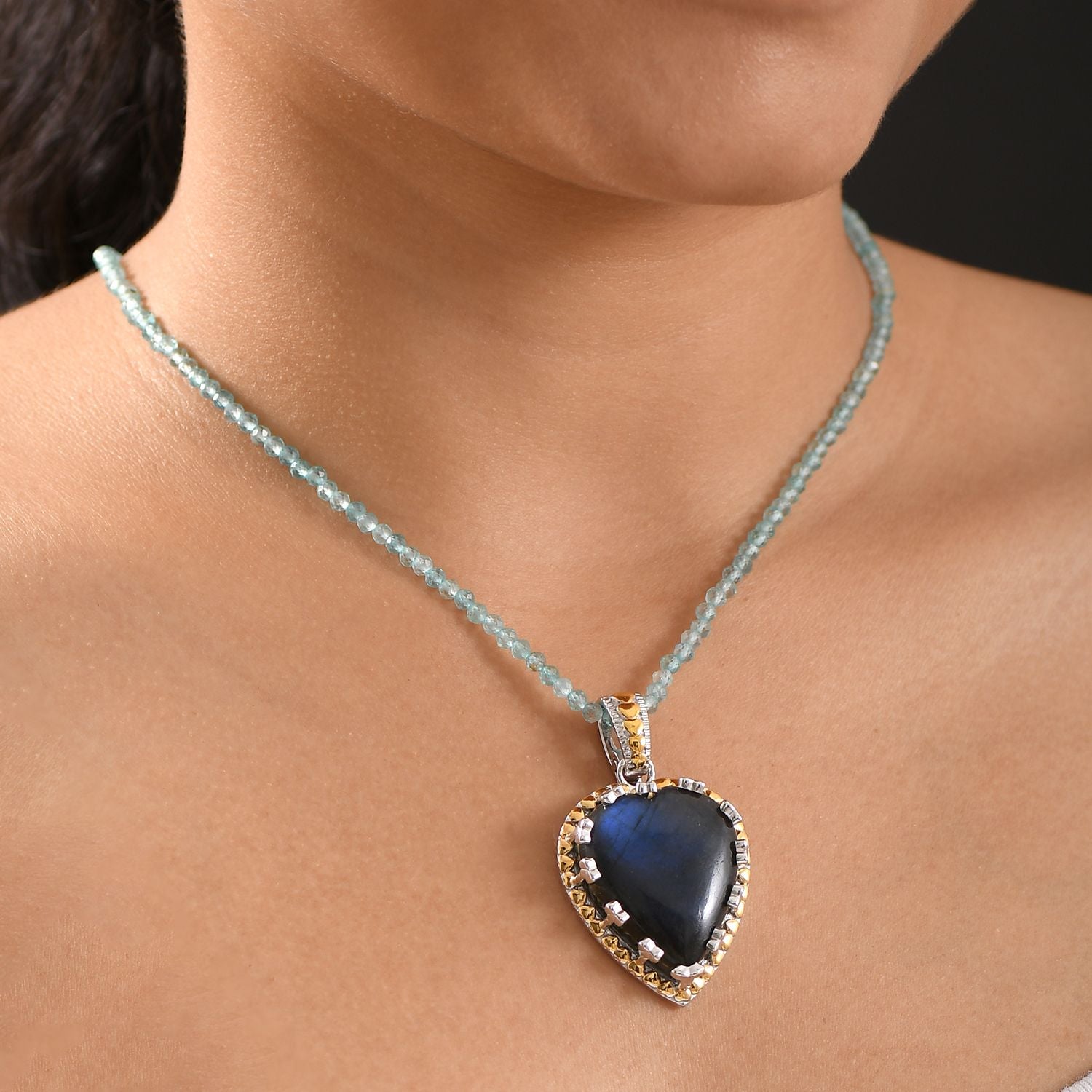AAA Herz Labradorit (30x25mm), Apatit Anhänger mit Kette ca. 45 cm, 925 Silber Rhodiniert und 750 Gelbgold Vermeil ca. 85.00 ct