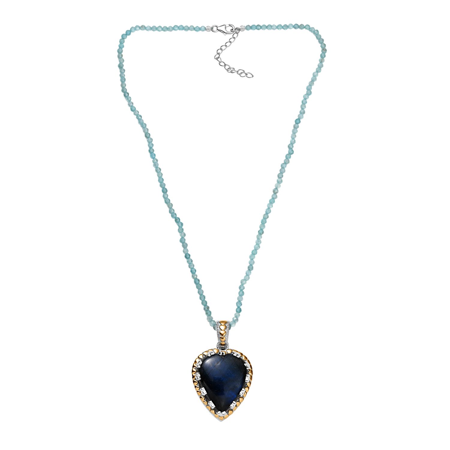 AAA Herz Labradorit (30x25mm), Apatit Anhänger mit Kette ca. 45 cm, 925 Silber Rhodiniert und 750 Gelbgold Vermeil ca. 85.00 ct