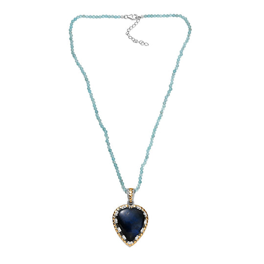 AAA Herz Labradorit (30x25mm), Apatit Anhänger mit Kette ca. 45 cm, 925 Silber Rhodiniert und 750 Gelbgold Vermeil ca. 85.00 ct