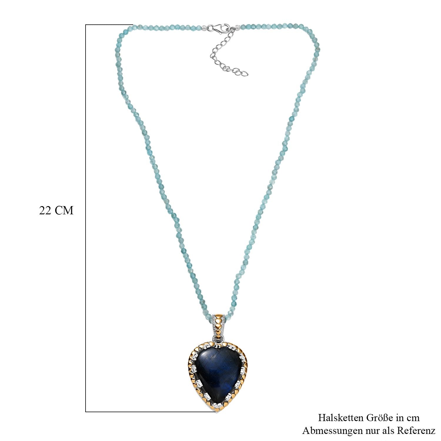AAA Herz Labradorit (30x25mm), Apatit Anhänger mit Kette ca. 45 cm, 925 Silber Rhodiniert und 750 Gelbgold Vermeil ca. 85.00 ct
