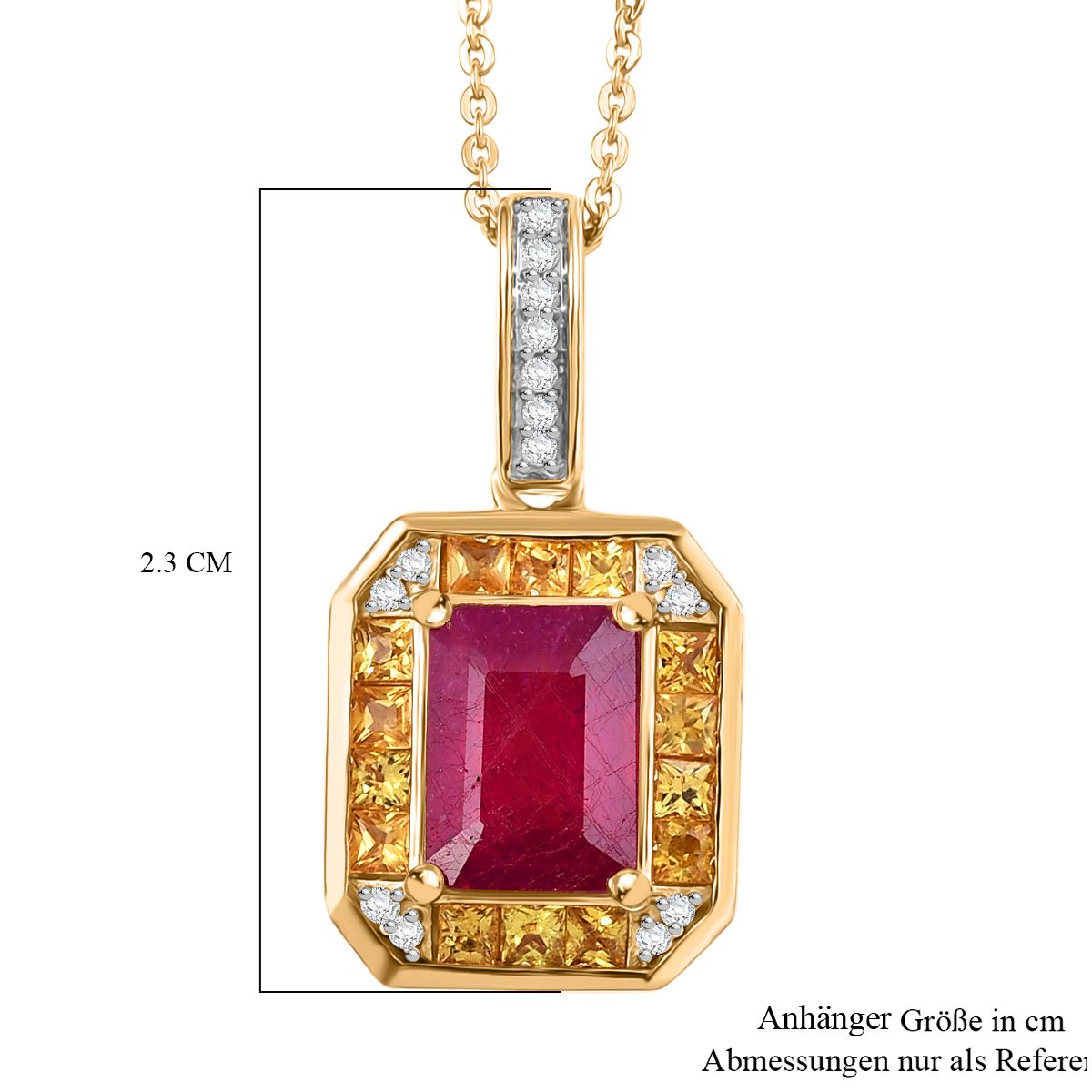 D'Joy AA Afrikanischer Rubin (Fissure gefüllt), Gelber Saphir Anhänger mit Kette ca. 50 cm 925 Silber 750 Gelbgold Vermeil ca. 2.81 ct