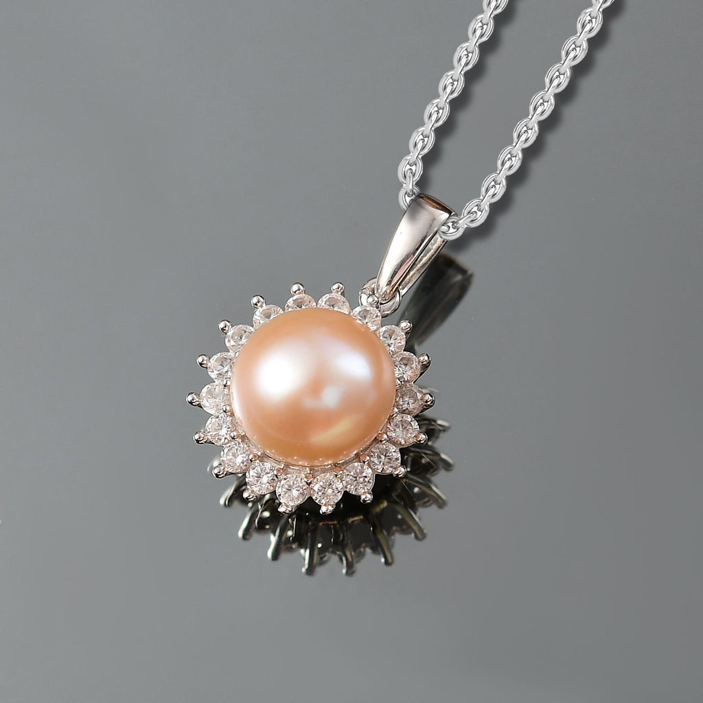 Pfirsich-Süßwasser Perle (8.5-9 mm), Weißer Zirkon Schmuckset ca. 50 cm 925 Silber rhodiniert