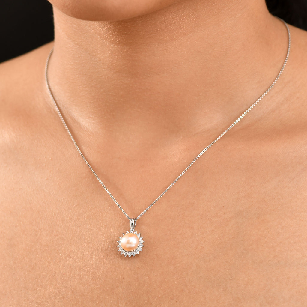 Pfirsich-Süßwasser Perle (8.5-9 mm), Weißer Zirkon Schmuckset ca. 50 cm 925 Silber rhodiniert