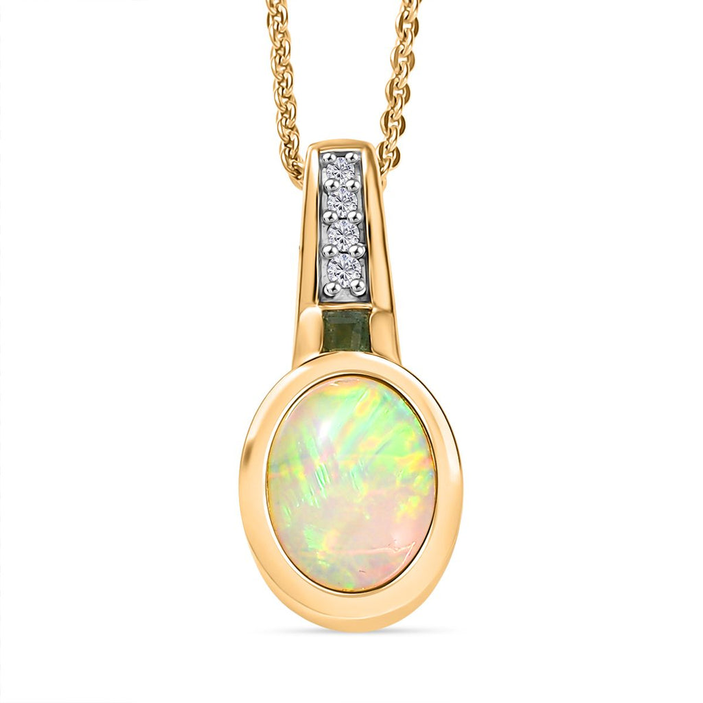 D joy Natürlicher, äthiopischer Welo Opal, Smaragd Anhänger mit Kette, 925 Silber 750 Gelbgold Vermeil ca. 1.32 ct