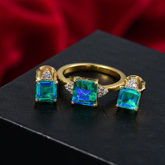 2er Set - D joy Pfau Quarz Triplette, Weißer Zirkon Ohrringe und Ring, Größe (21.00), 925 Silber Vergoldet, ca. 6.14 ct